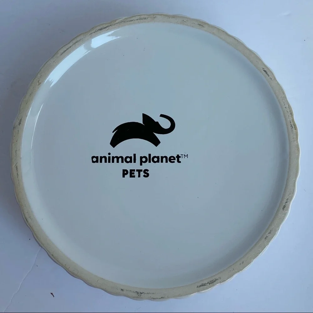 Dog Bowl White Ceramic 7” Bone Bark Ribbed Stoneware Dish Animal Planet EUC